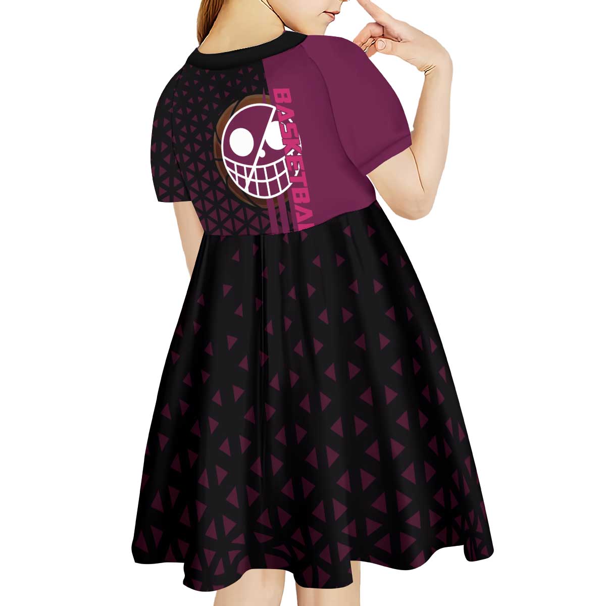 Donquixote Doflamingo One Piece Basketball Theme Maroon and Black Design Kid Short Sleeve Dress with Smiling Emblem and Aggressive Pose - The Mazicc