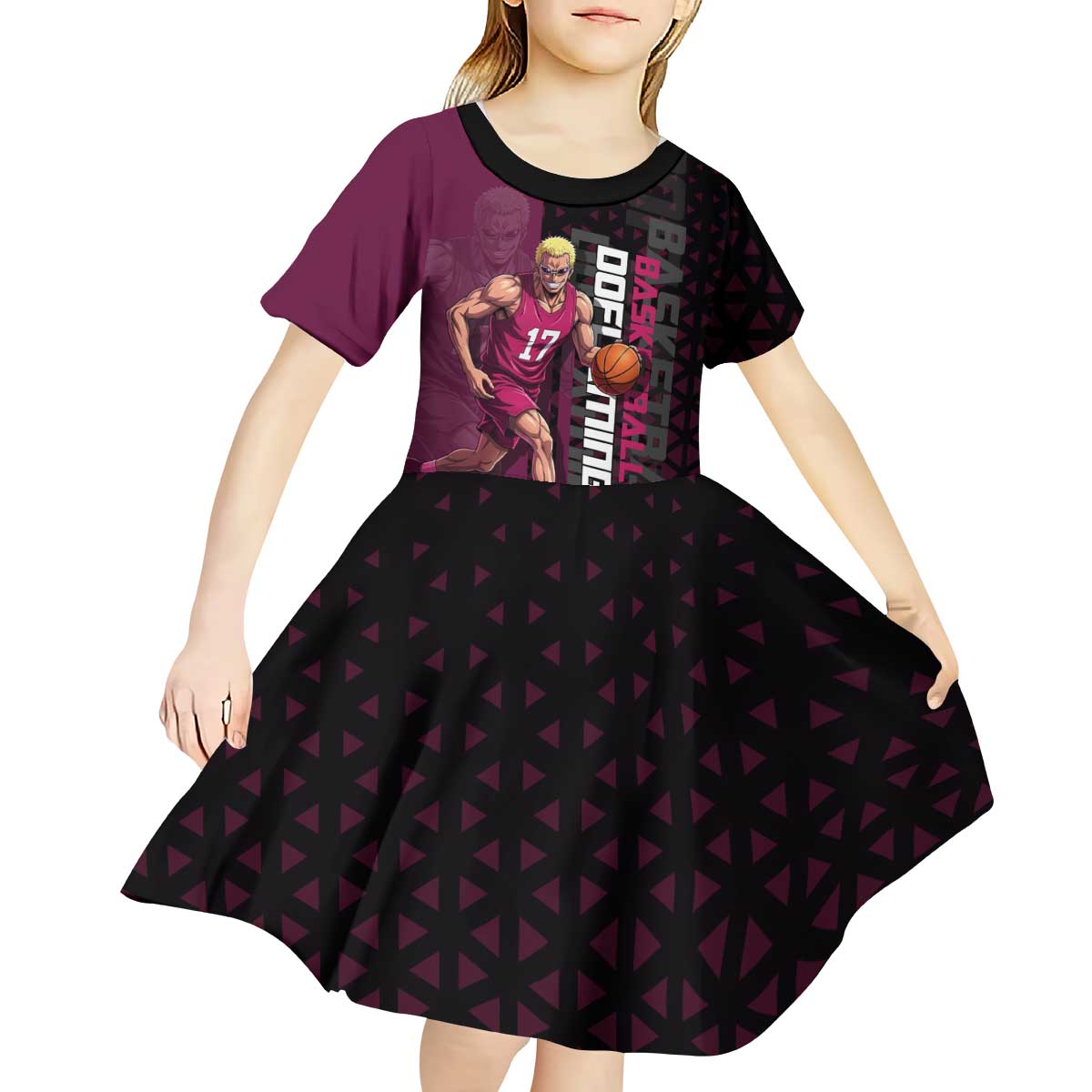 Donquixote Doflamingo One Piece Basketball Theme Maroon and Black Design Kid Short Sleeve Dress with Smiling Emblem and Aggressive Pose - The Mazicc