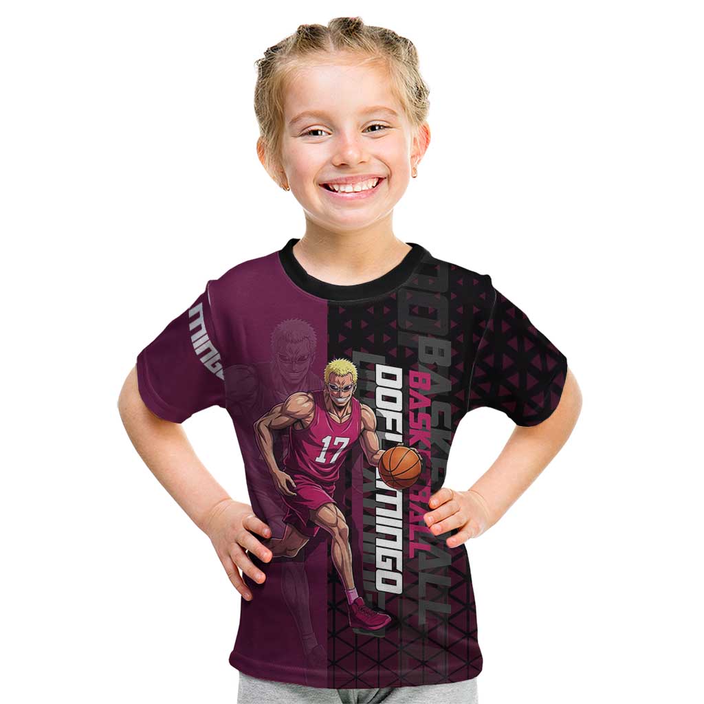 Donquixote Doflamingo One Piece Basketball Theme Maroon and Black Design Kid T Shirt with Smiling Emblem and Aggressive Pose - The Mazicc