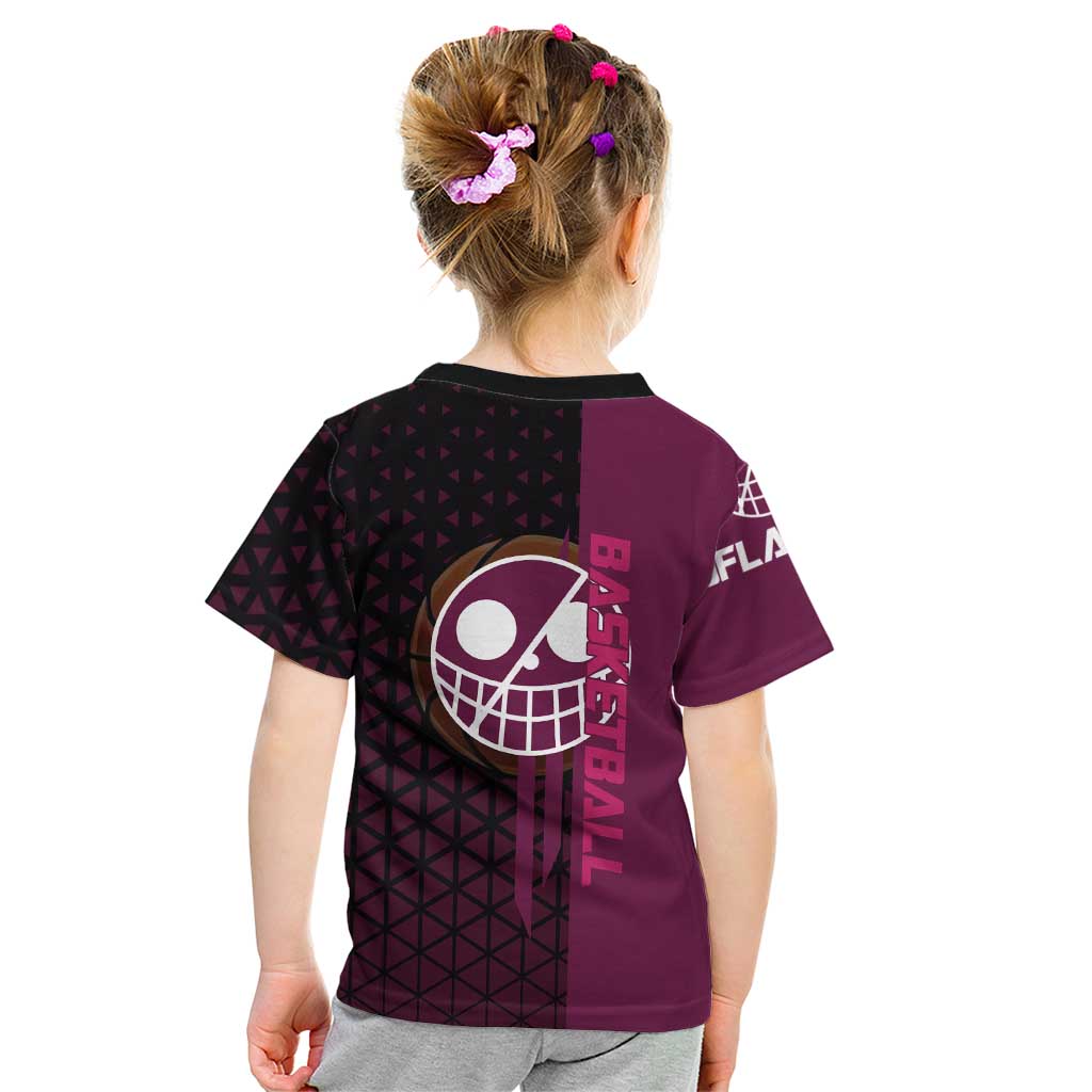 Donquixote Doflamingo One Piece Basketball Theme Maroon and Black Design Kid T Shirt with Smiling Emblem and Aggressive Pose - The Mazicc