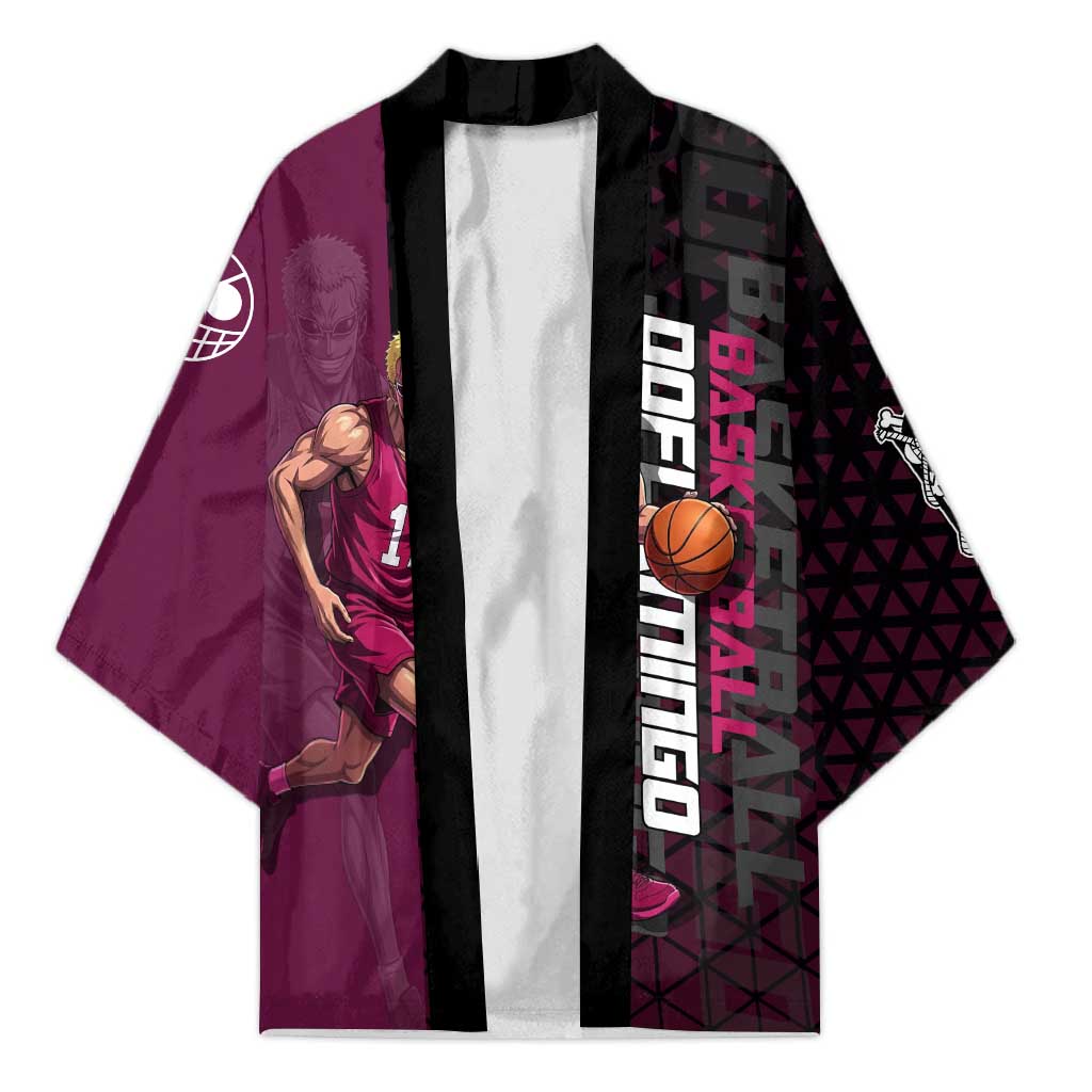 Donquixote Doflamingo One Piece Basketball Theme Maroon and Black Design Kimono with Smiling Emblem and Aggressive Pose - The Mazicc
