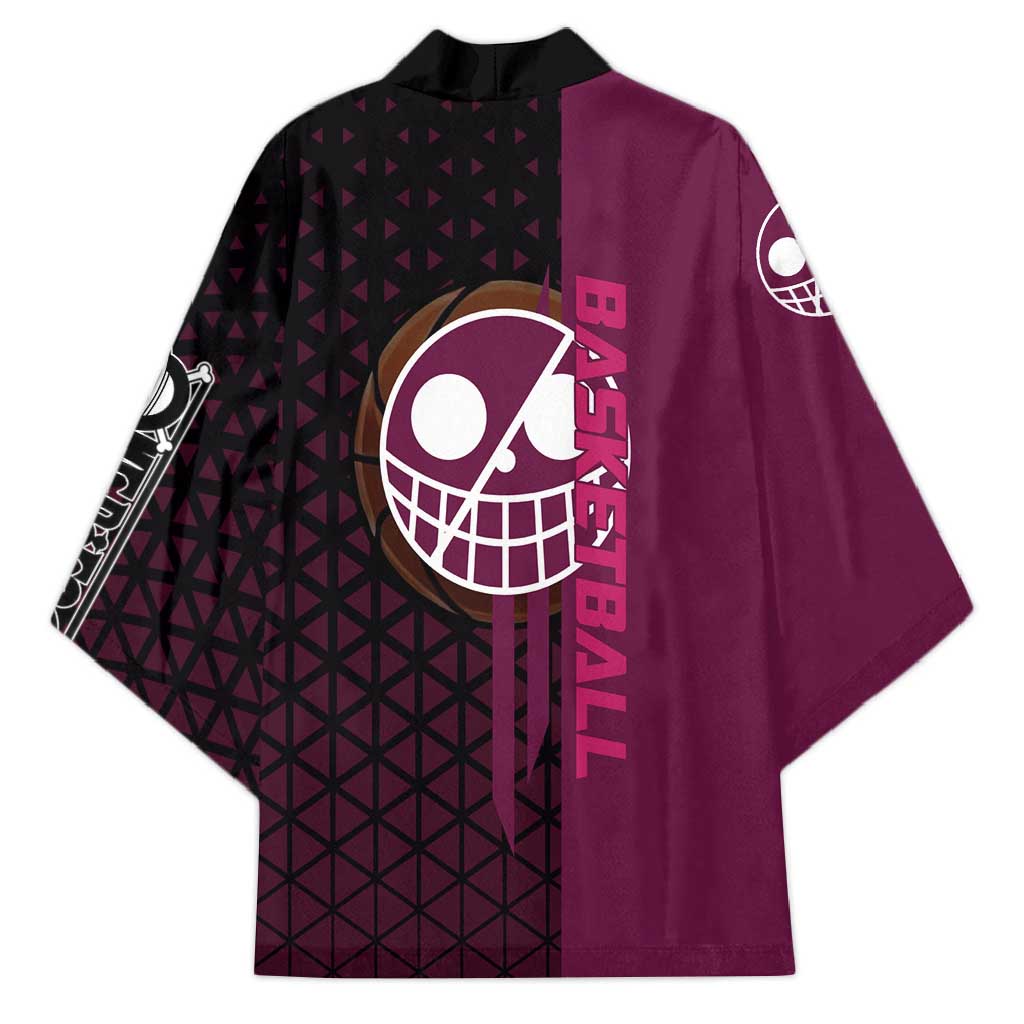 Donquixote Doflamingo One Piece Basketball Theme Maroon and Black Design Kimono with Smiling Emblem and Aggressive Pose - The Mazicc