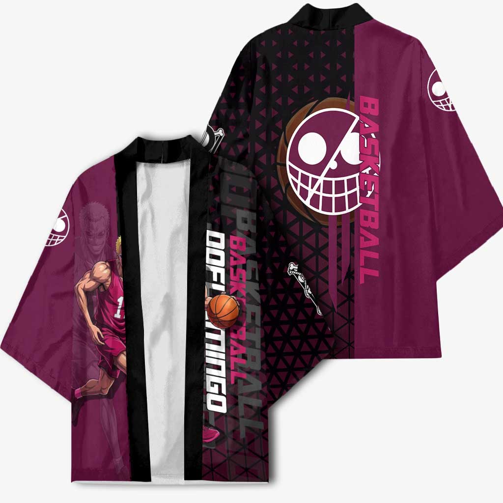 Donquixote Doflamingo One Piece Basketball Theme Maroon and Black Design Kimono with Smiling Emblem and Aggressive Pose - The Mazicc