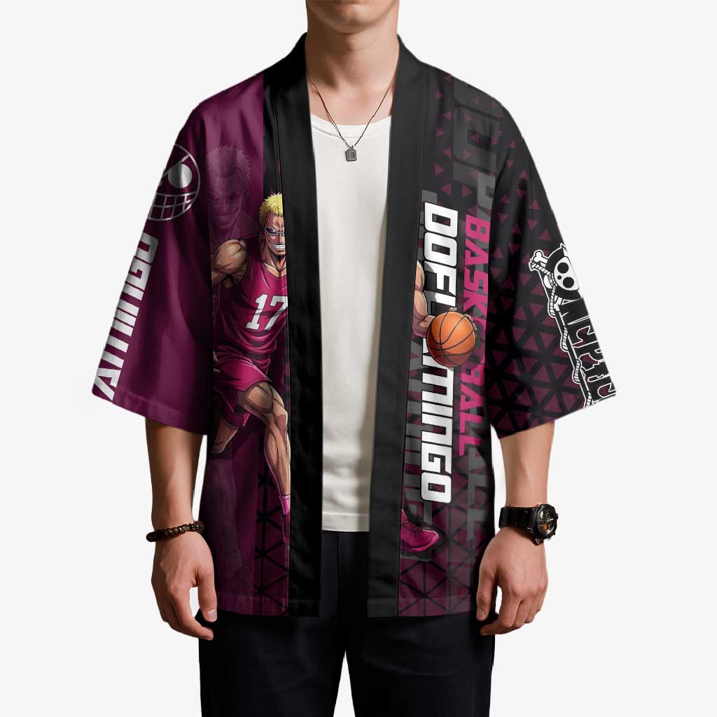 Donquixote Doflamingo One Piece Basketball Theme Maroon and Black Design Kimono with Smiling Emblem and Aggressive Pose - The Mazicc