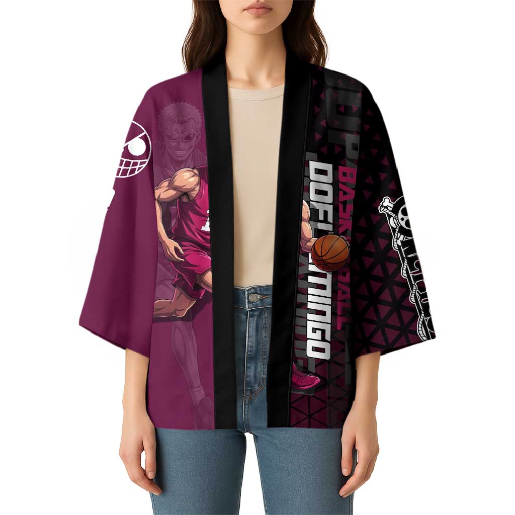Donquixote Doflamingo One Piece Basketball Theme Maroon and Black Design Kimono with Smiling Emblem and Aggressive Pose - The Mazicc