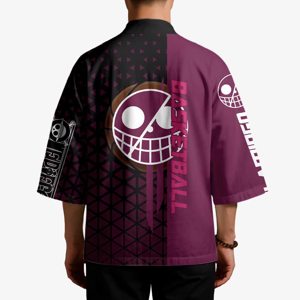 Donquixote Doflamingo One Piece Basketball Theme Maroon and Black Design Kimono with Smiling Emblem and Aggressive Pose - The Mazicc