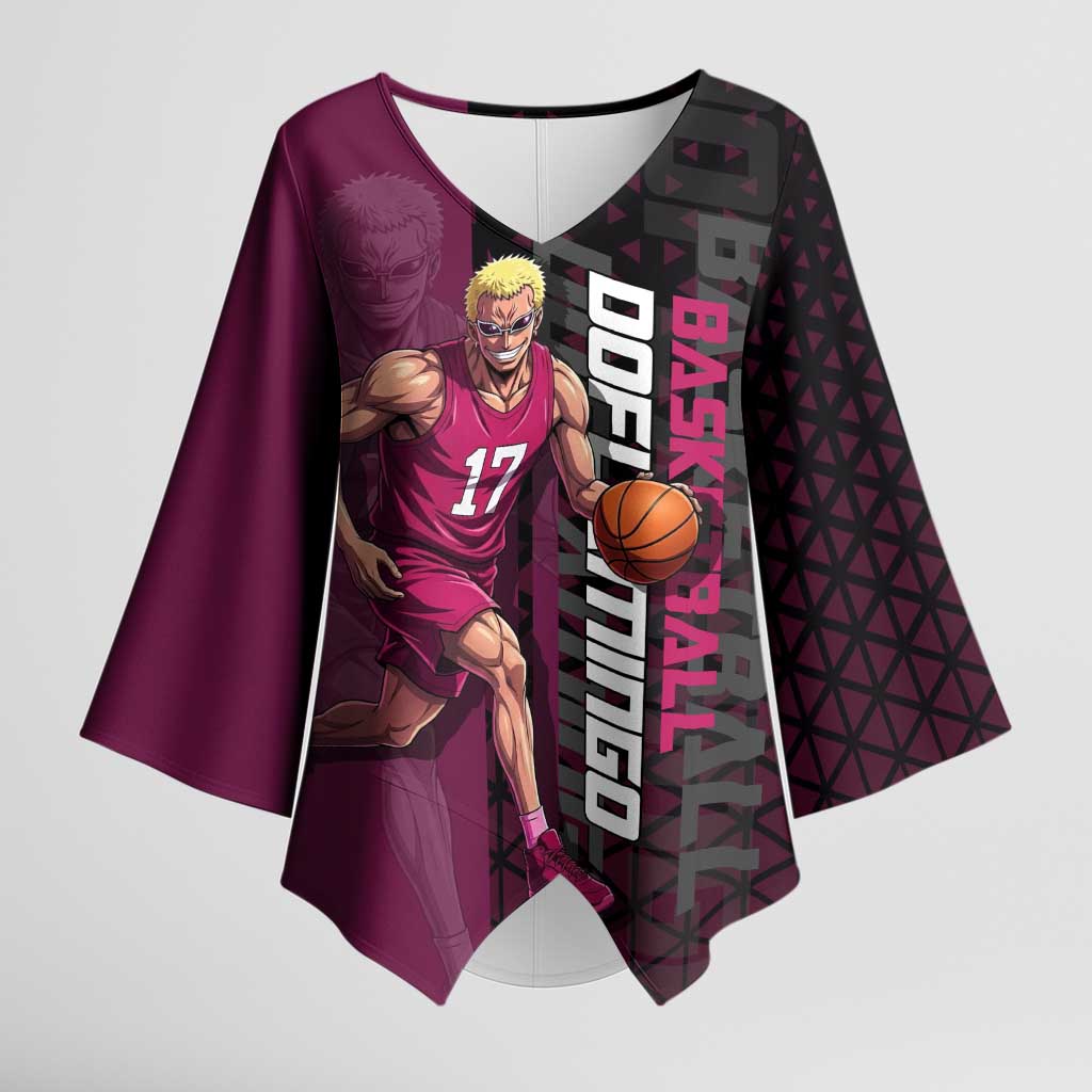 Donquixote Doflamingo One Piece Basketball Theme Maroon and Black Design Kimono Sleeve Blouse with Smiling Emblem and Aggressive Pose - The Mazicc
