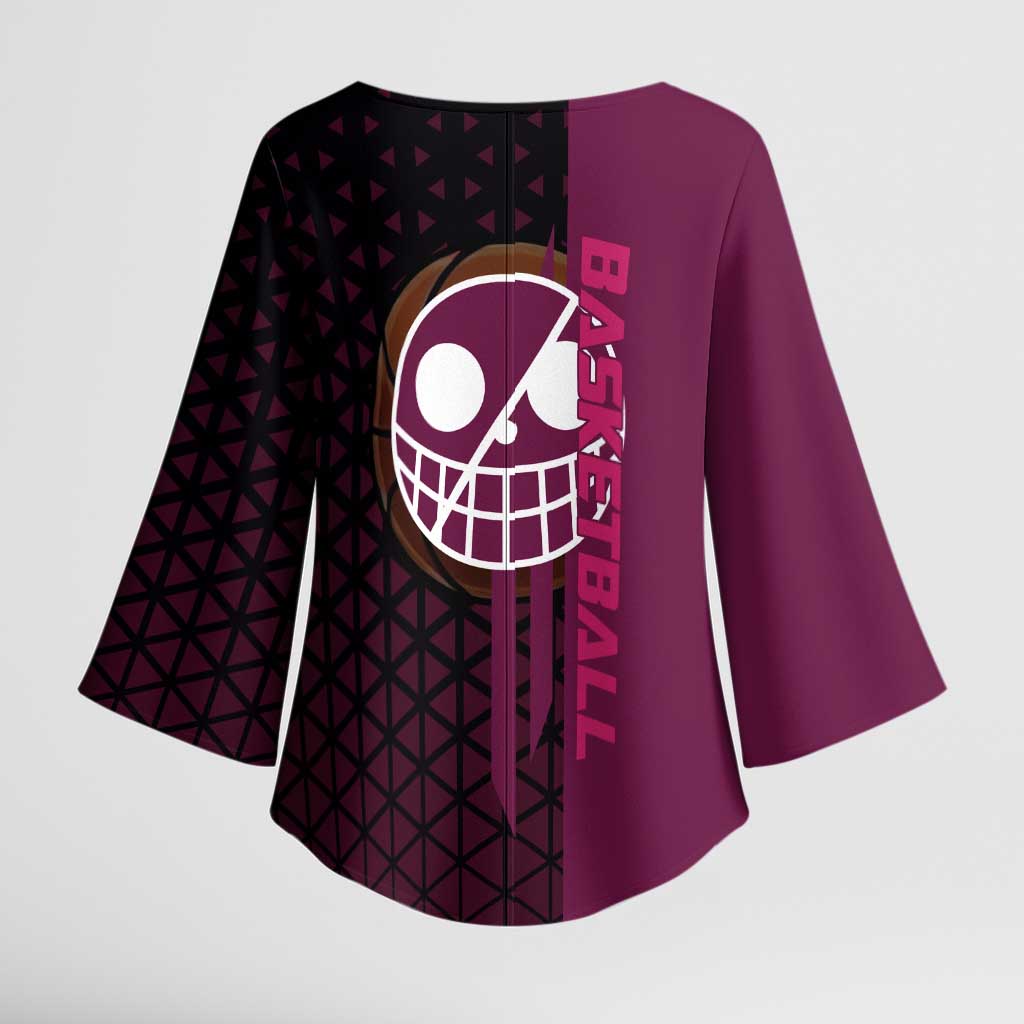 Donquixote Doflamingo One Piece Basketball Theme Maroon and Black Design Kimono Sleeve Blouse with Smiling Emblem and Aggressive Pose - The Mazicc