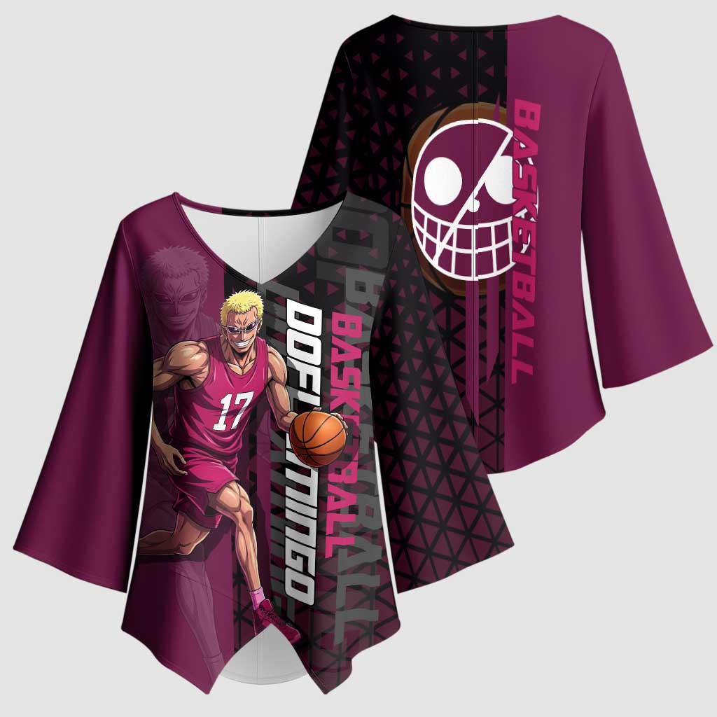 Donquixote Doflamingo One Piece Basketball Theme Maroon and Black Design Kimono Sleeve Blouse with Smiling Emblem and Aggressive Pose - The Mazicc