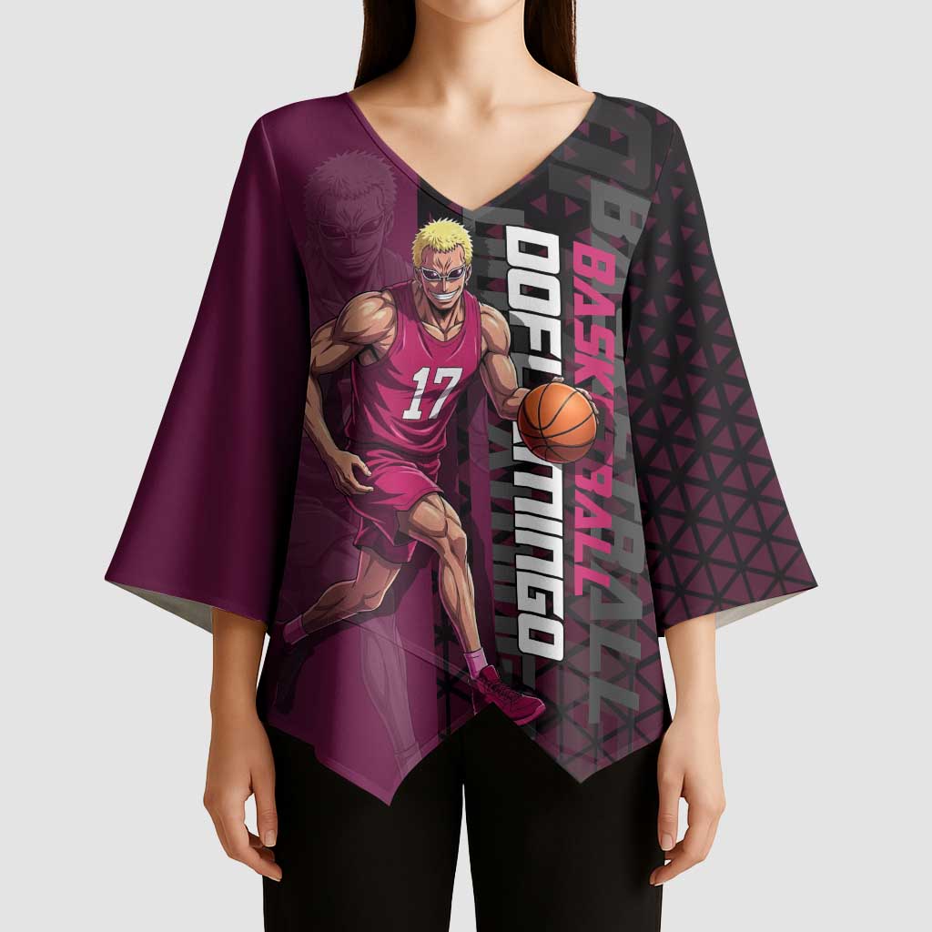 Donquixote Doflamingo One Piece Basketball Theme Maroon and Black Design Kimono Sleeve Blouse with Smiling Emblem and Aggressive Pose - The Mazicc