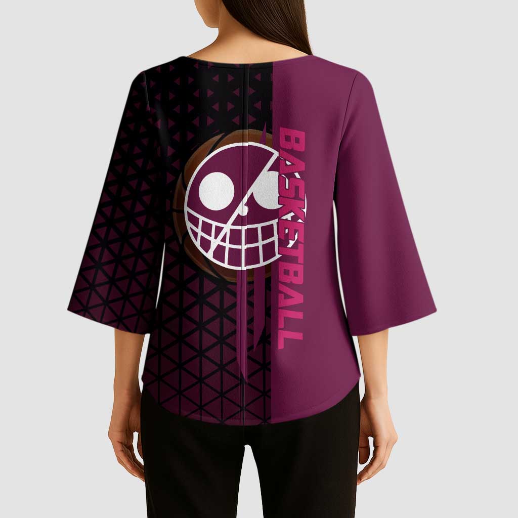 Donquixote Doflamingo One Piece Basketball Theme Maroon and Black Design Kimono Sleeve Blouse with Smiling Emblem and Aggressive Pose - The Mazicc