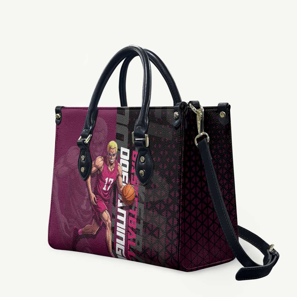 Donquixote Doflamingo One Piece Basketball Theme Maroon and Black Design Leather Bag with Smiling Emblem and Aggressive Pose - The Mazicc