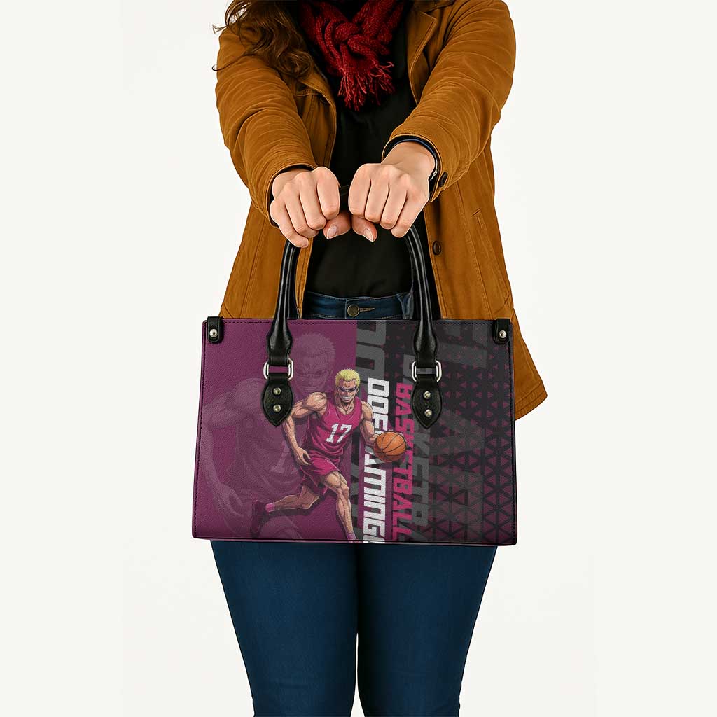 Donquixote Doflamingo One Piece Basketball Theme Maroon and Black Design Leather Bag with Smiling Emblem and Aggressive Pose - The Mazicc