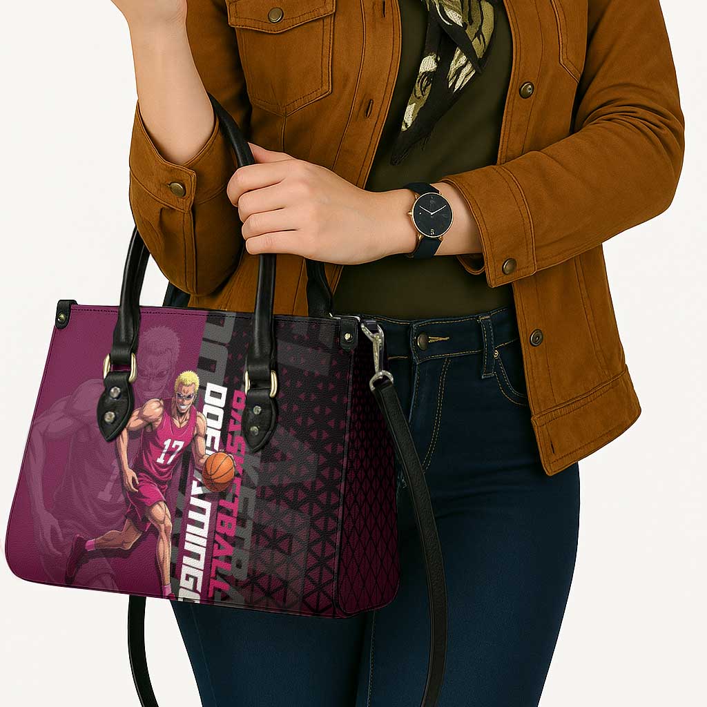 Donquixote Doflamingo One Piece Basketball Theme Maroon and Black Design Leather Bag with Smiling Emblem and Aggressive Pose - The Mazicc