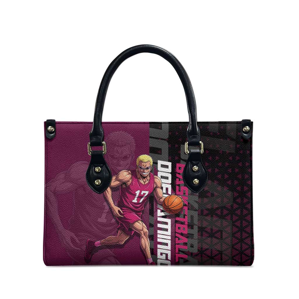 Donquixote Doflamingo One Piece Basketball Theme Maroon and Black Design Leather Bag with Smiling Emblem and Aggressive Pose - The Mazicc