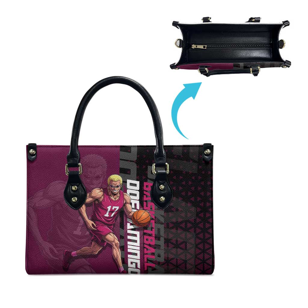 Donquixote Doflamingo One Piece Basketball Theme Maroon and Black Design Leather Bag with Smiling Emblem and Aggressive Pose - The Mazicc