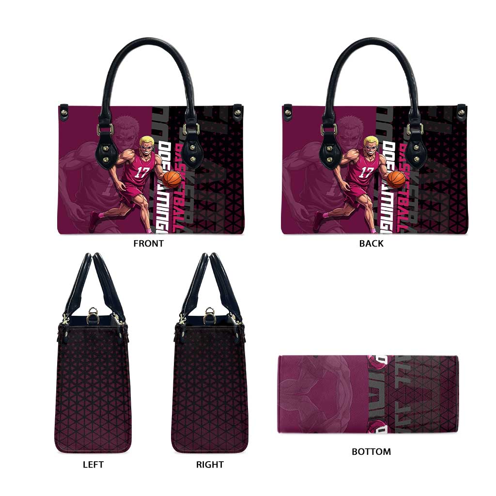 Donquixote Doflamingo One Piece Basketball Theme Maroon and Black Design Leather Bag with Smiling Emblem and Aggressive Pose - The Mazicc