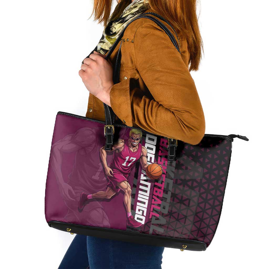 Donquixote Doflamingo One Piece Basketball Theme Maroon and Black Design Leather Tote Bag with Smiling Emblem and Aggressive Pose - The Mazicc