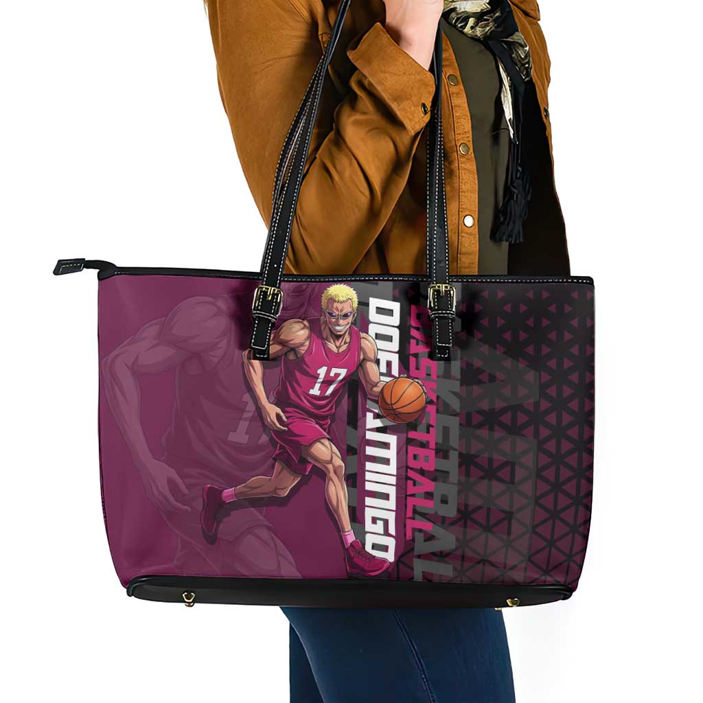 Donquixote Doflamingo One Piece Basketball Theme Maroon and Black Design Leather Tote Bag with Smiling Emblem and Aggressive Pose - The Mazicc