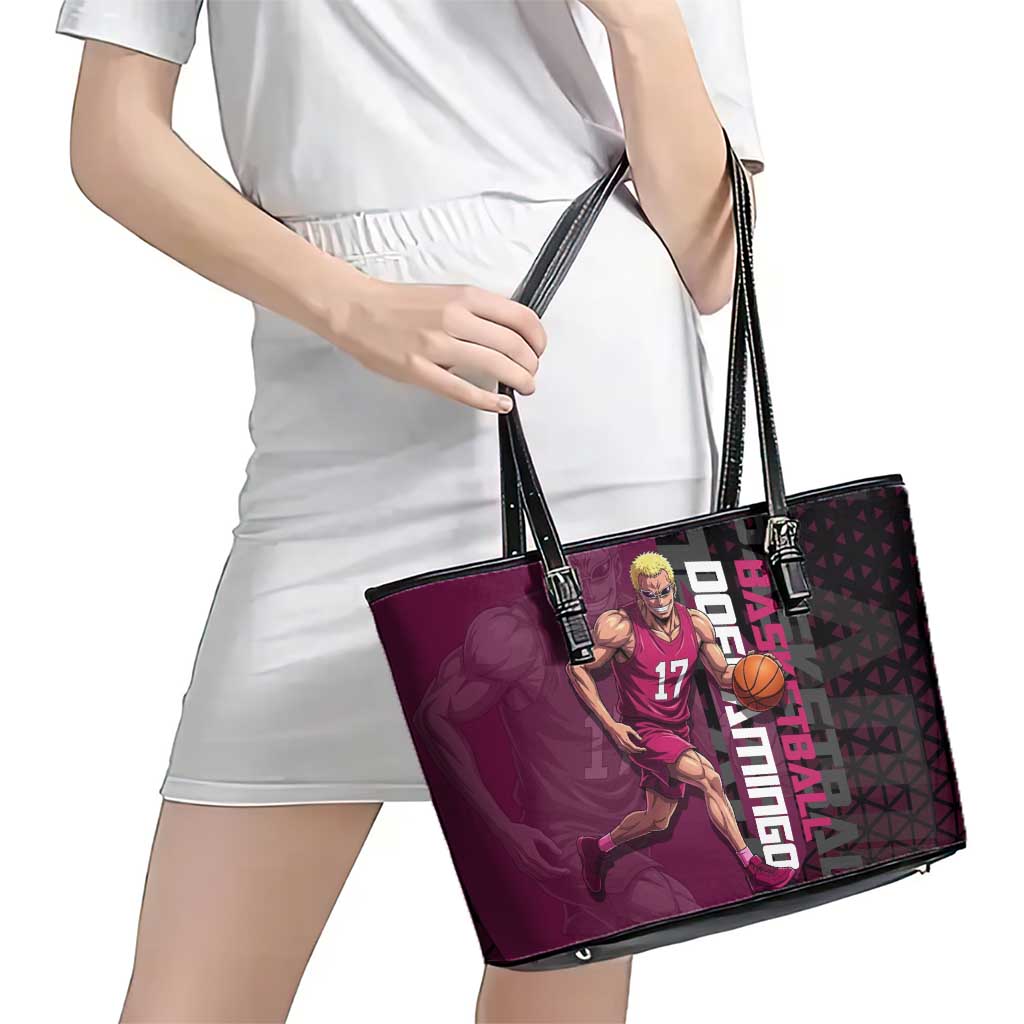 Donquixote Doflamingo One Piece Basketball Theme Maroon and Black Design Leather Tote Bag with Smiling Emblem and Aggressive Pose - The Mazicc