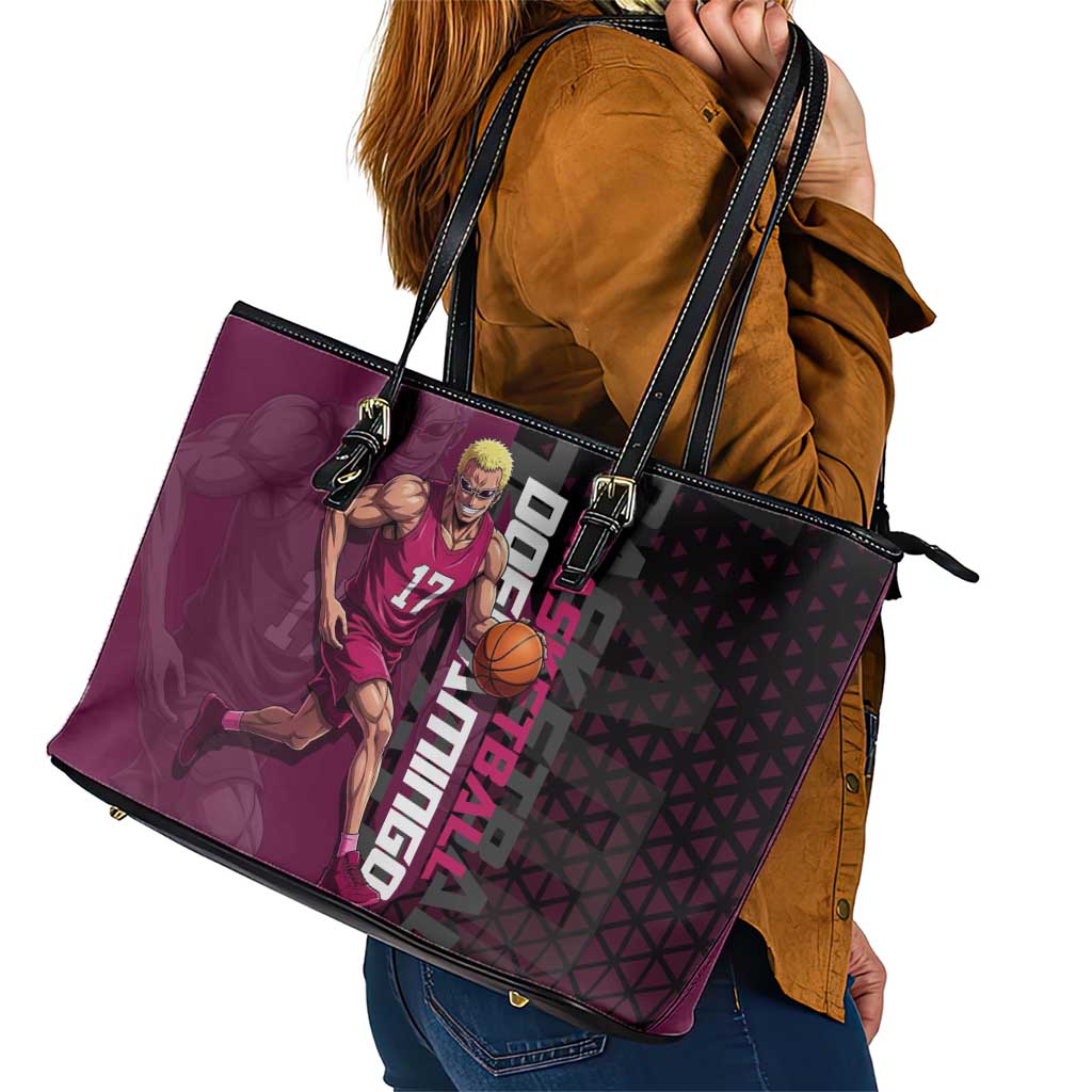 Donquixote Doflamingo One Piece Basketball Theme Maroon and Black Design Leather Tote Bag with Smiling Emblem and Aggressive Pose - The Mazicc