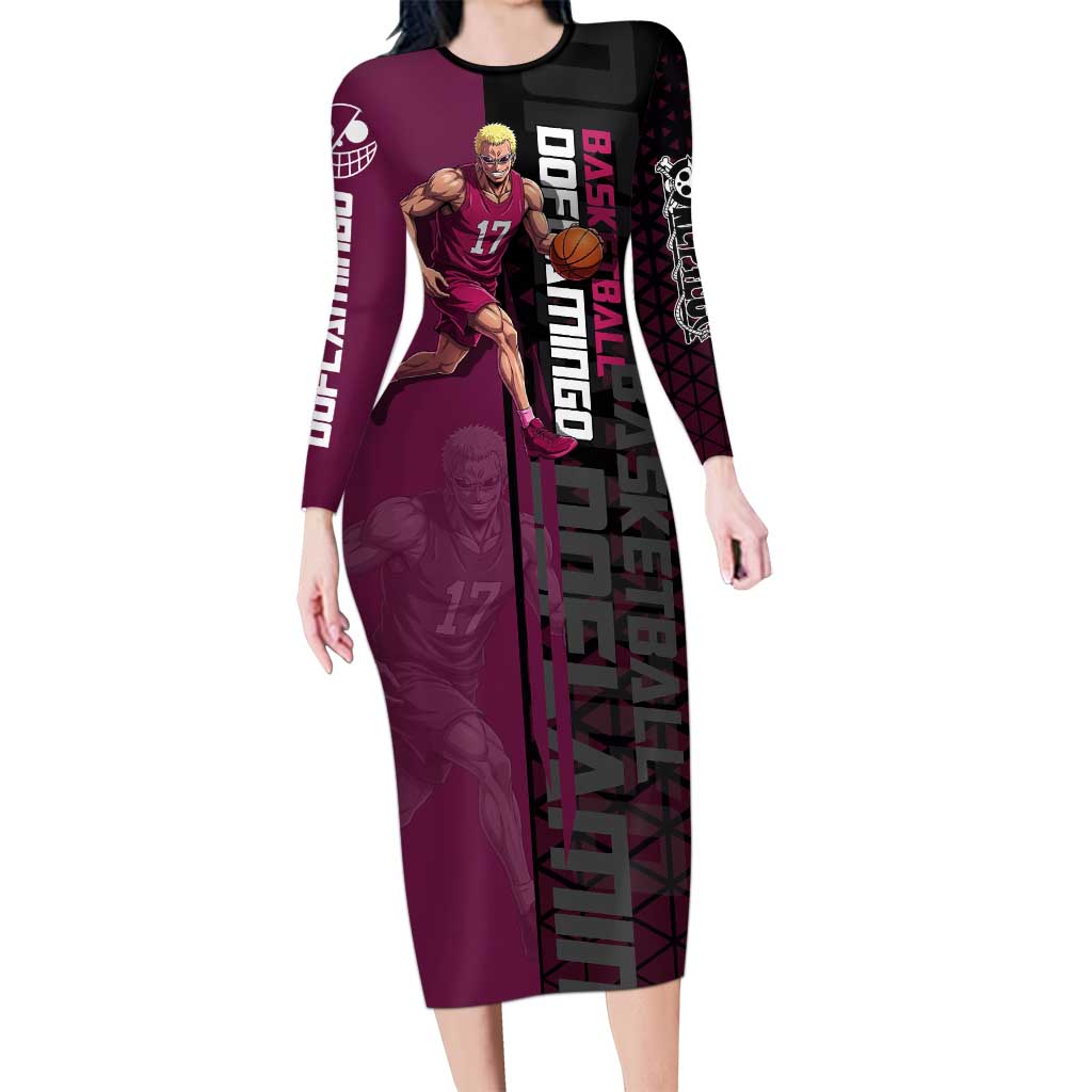 Donquixote Doflamingo One Piece Basketball Theme Maroon and Black Design Long Sleeve Bodycon Dress with Smiling Emblem and Aggressive Pose - The Mazicc