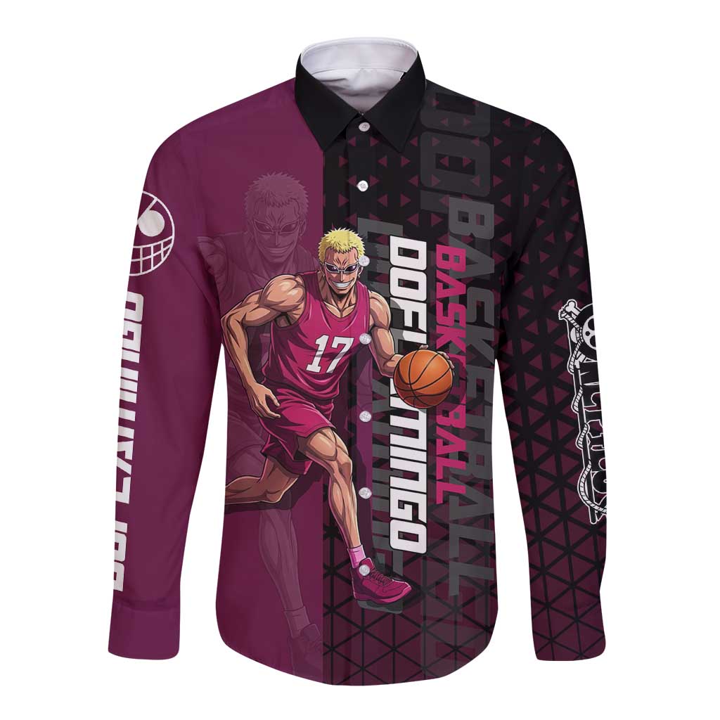 Donquixote Doflamingo One Piece Basketball Theme Maroon and Black Design Long Sleeve Button Shirt with Smiling Emblem and Aggressive Pose - The Mazicc