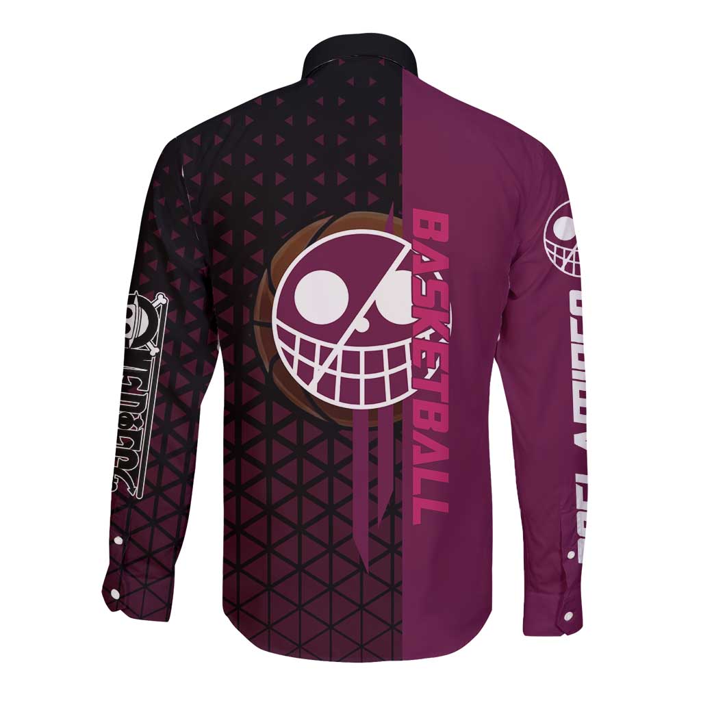 Donquixote Doflamingo One Piece Basketball Theme Maroon and Black Design Long Sleeve Button Shirt with Smiling Emblem and Aggressive Pose - The Mazicc