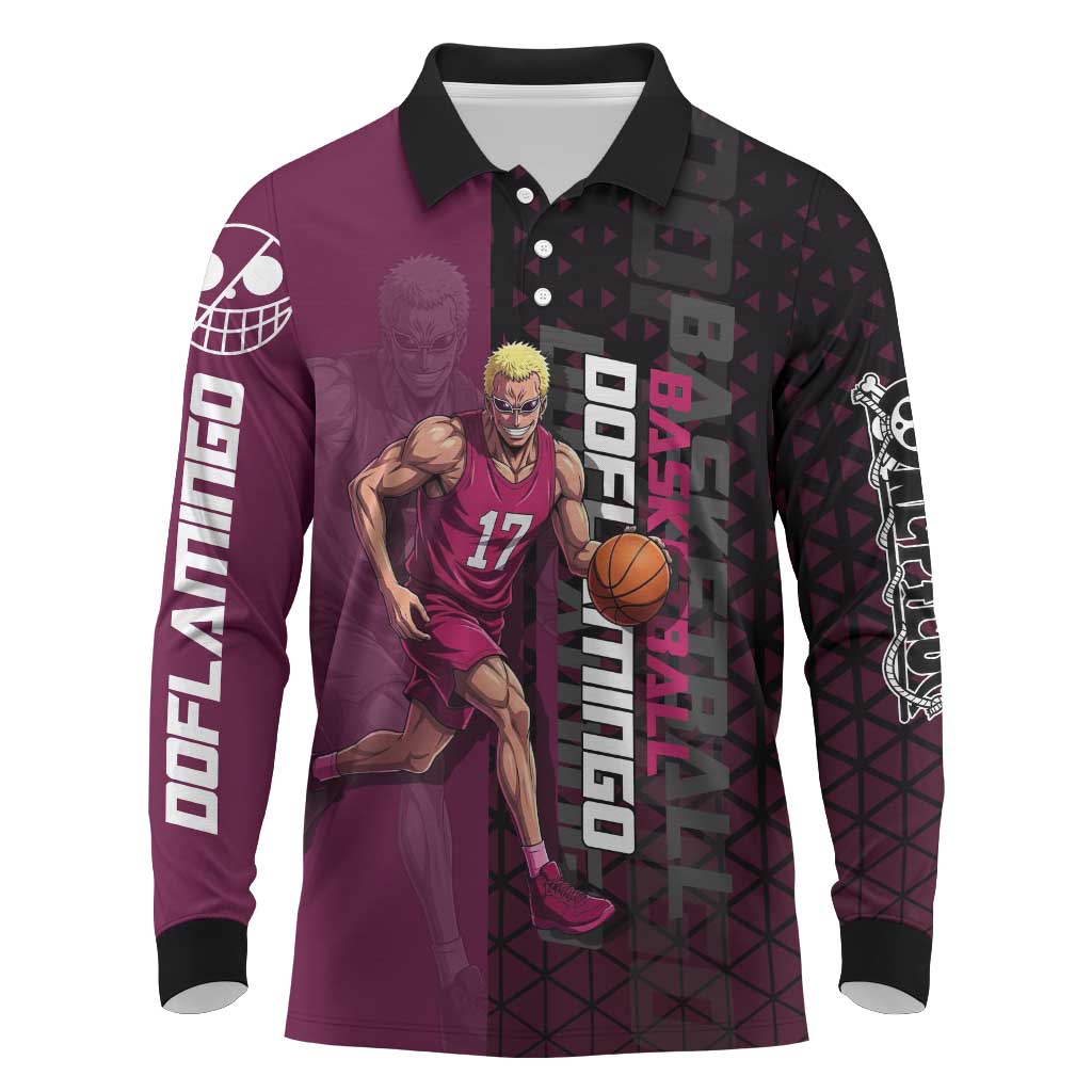 Donquixote Doflamingo One Piece Basketball Theme Maroon and Black Design Long Sleeve Polo Shirt with Smiling Emblem and Aggressive Pose - The Mazicc