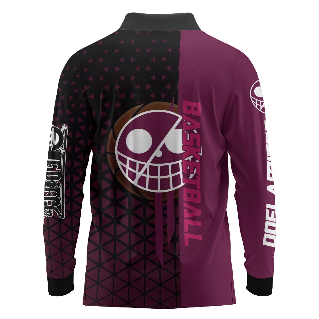 Donquixote Doflamingo One Piece Basketball Theme Maroon and Black Design Long Sleeve Polo Shirt with Smiling Emblem and Aggressive Pose - The Mazicc