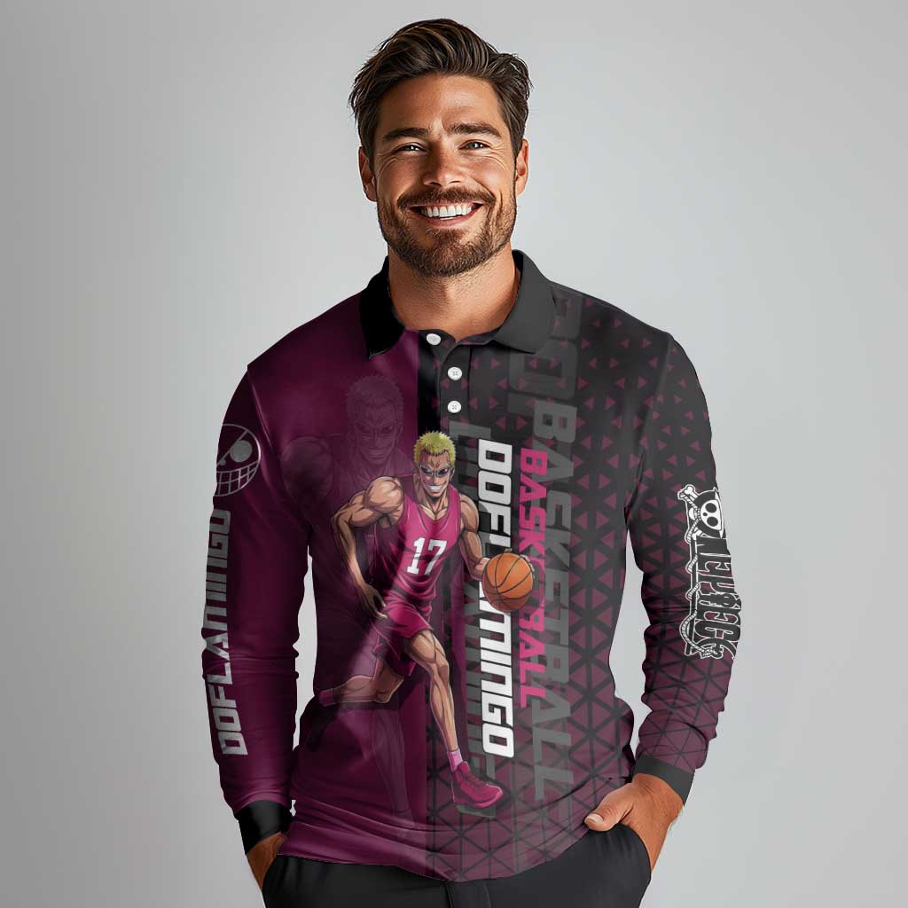 Donquixote Doflamingo One Piece Basketball Theme Maroon and Black Design Long Sleeve Polo Shirt with Smiling Emblem and Aggressive Pose - The Mazicc