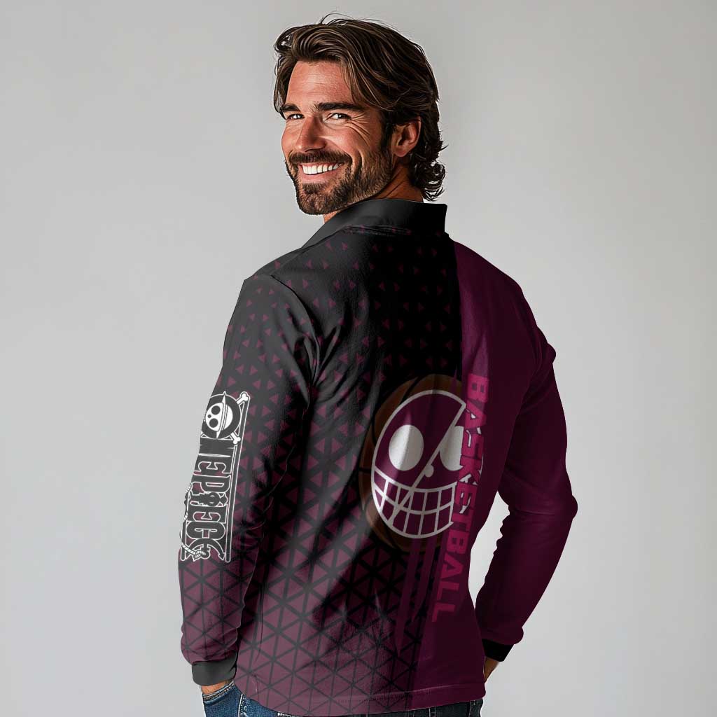 Donquixote Doflamingo One Piece Basketball Theme Maroon and Black Design Long Sleeve Polo Shirt with Smiling Emblem and Aggressive Pose - The Mazicc