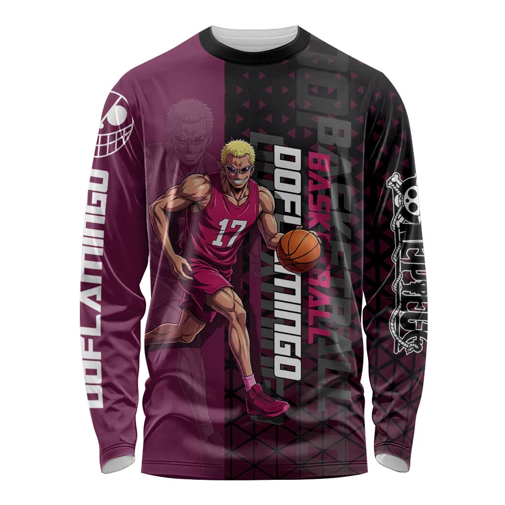 Donquixote Doflamingo One Piece Basketball Theme Maroon and Black Design Long Sleeve Shirt with Smiling Emblem and Aggressive Pose - The Mazicc