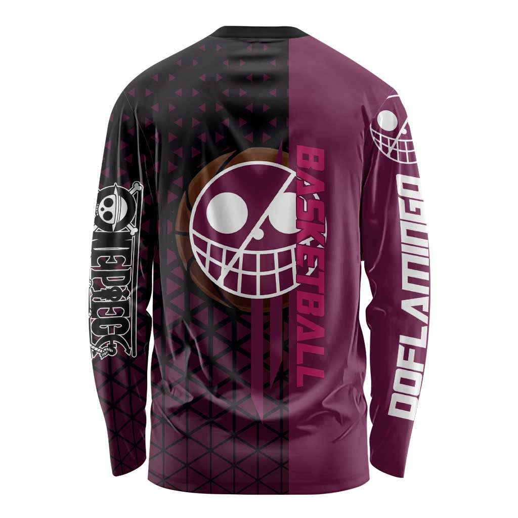 Donquixote Doflamingo One Piece Basketball Theme Maroon and Black Design Long Sleeve Shirt with Smiling Emblem and Aggressive Pose - The Mazicc
