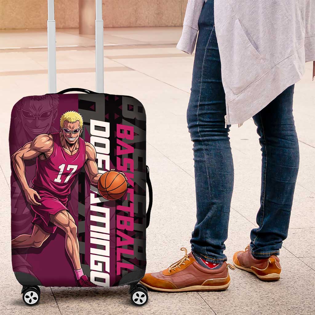 Donquixote Doflamingo One Piece Basketball Theme Maroon and Black Design Luggage Cover with Smiling Emblem and Aggressive Pose - The Mazicc