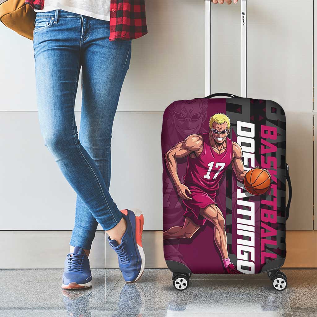 Donquixote Doflamingo One Piece Basketball Theme Maroon and Black Design Luggage Cover with Smiling Emblem and Aggressive Pose - The Mazicc