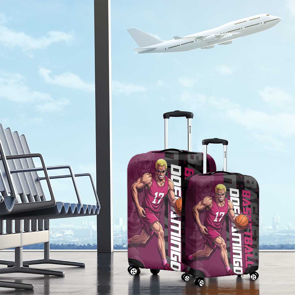 Donquixote Doflamingo One Piece Basketball Theme Maroon and Black Design Luggage Cover with Smiling Emblem and Aggressive Pose - The Mazicc
