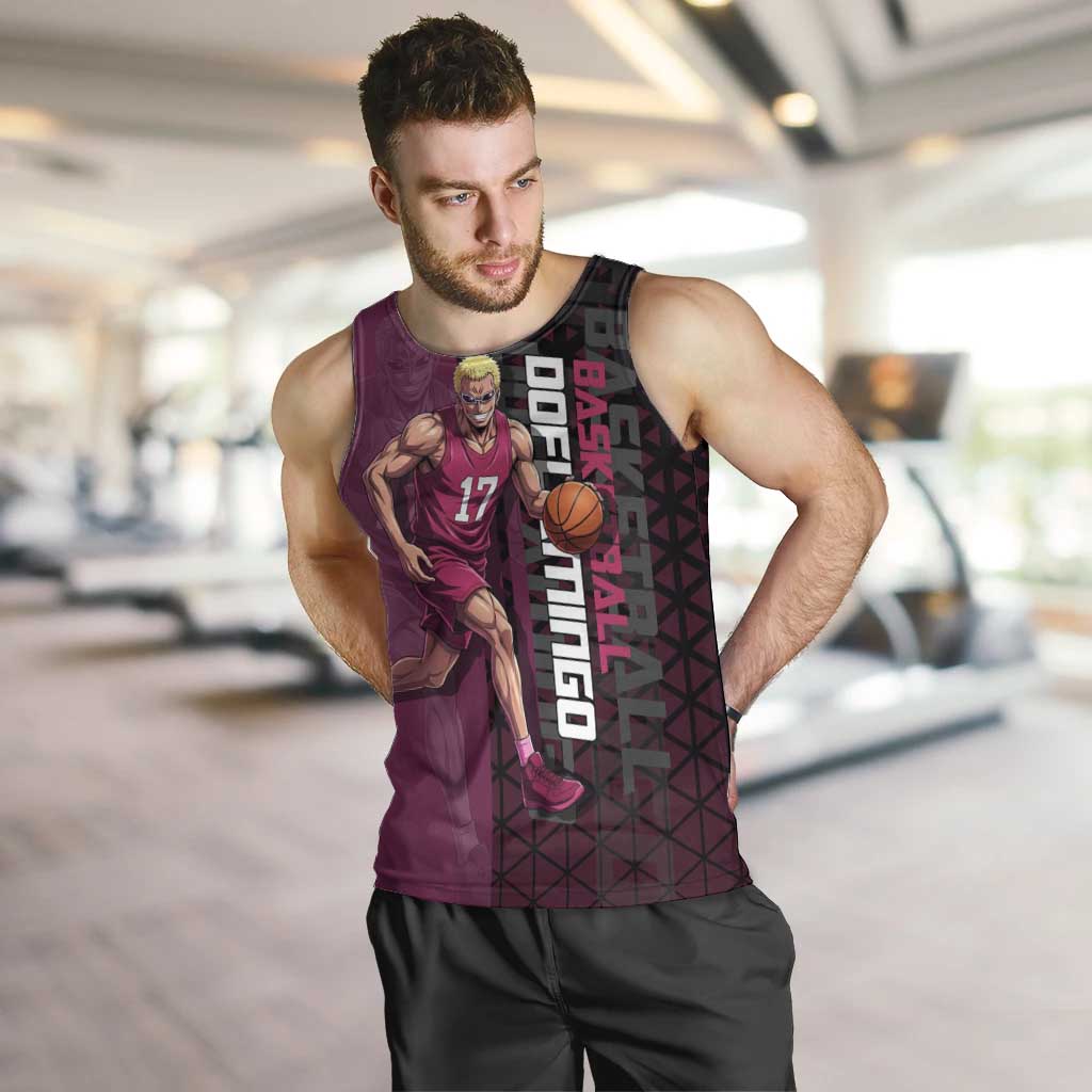 Donquixote Doflamingo One Piece Basketball Theme Maroon and Black Design Men Tank Top with Smiling Emblem and Aggressive Pose - The Mazicc