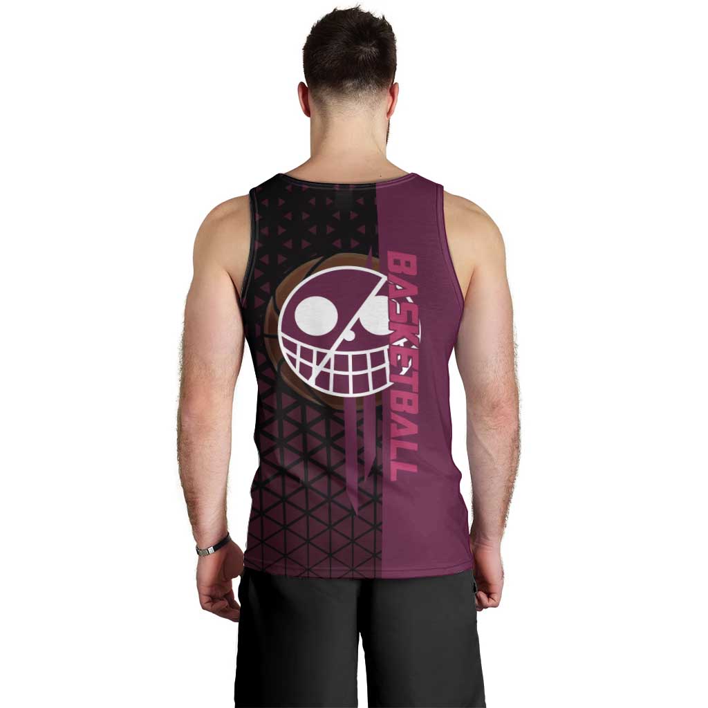 Donquixote Doflamingo One Piece Basketball Theme Maroon and Black Design Men Tank Top with Smiling Emblem and Aggressive Pose - The Mazicc