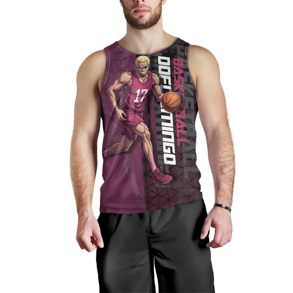 Donquixote Doflamingo One Piece Basketball Theme Maroon and Black Design Men Tank Top with Smiling Emblem and Aggressive Pose - The Mazicc