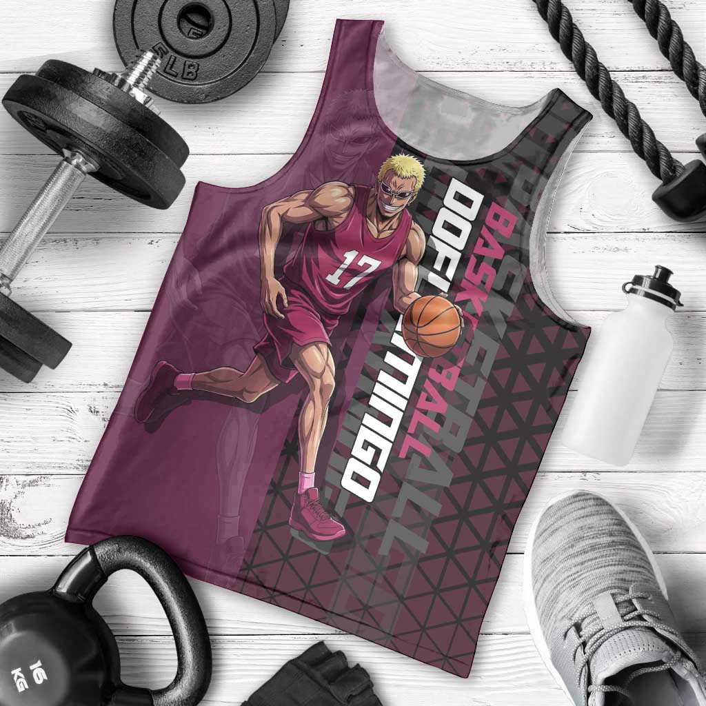 Donquixote Doflamingo One Piece Basketball Theme Maroon and Black Design Men Tank Top with Smiling Emblem and Aggressive Pose - The Mazicc