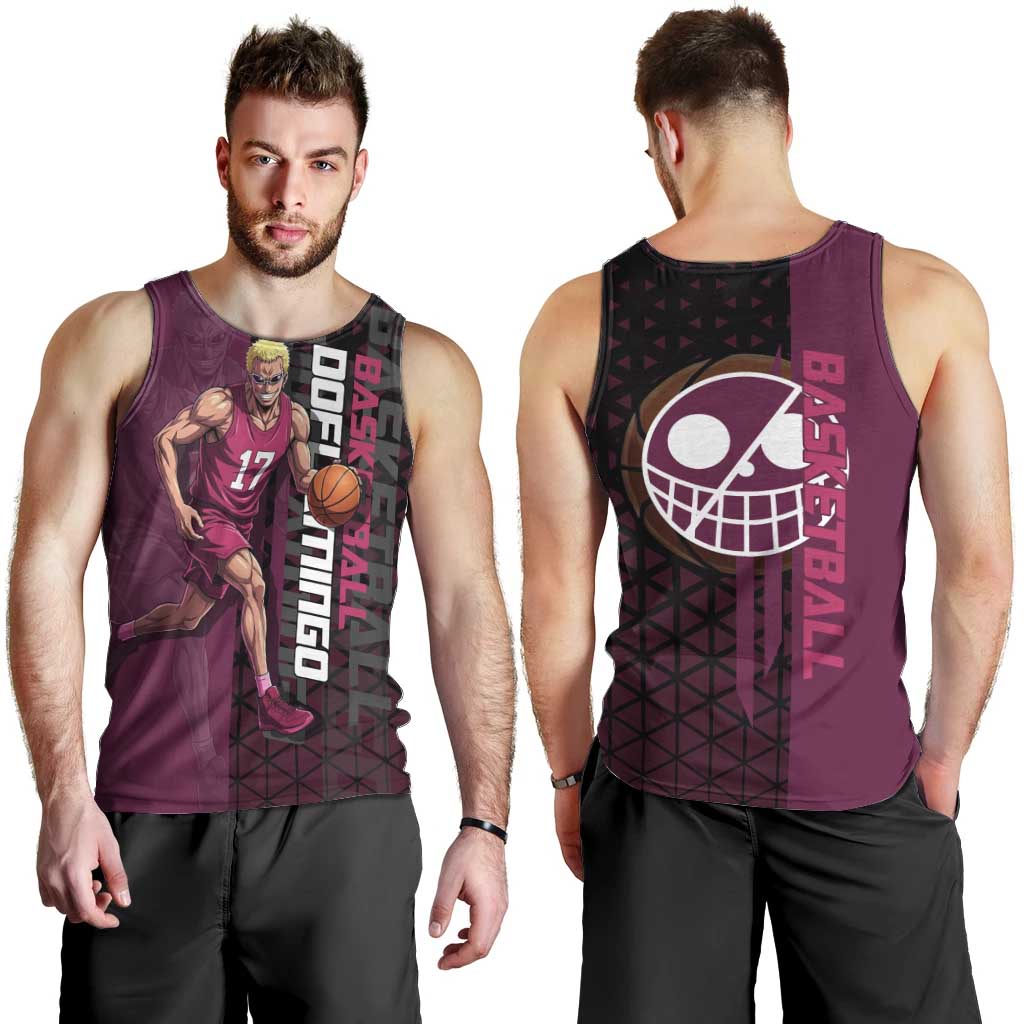Donquixote Doflamingo One Piece Basketball Theme Maroon and Black Design Men Tank Top with Smiling Emblem and Aggressive Pose - The Mazicc