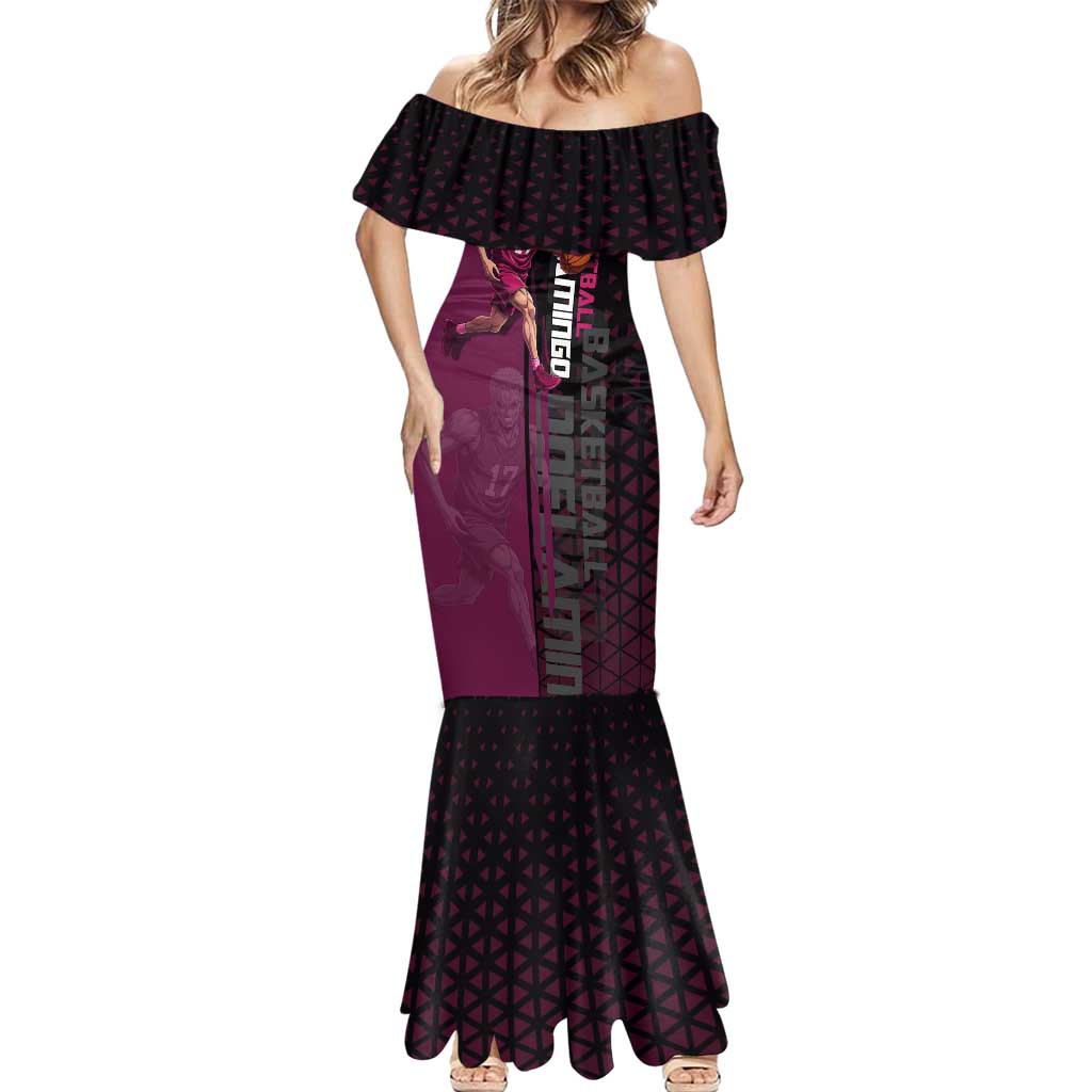 Donquixote Doflamingo One Piece Basketball Theme Maroon and Black Design Mermaid Dress with Smiling Emblem and Aggressive Pose - The Mazicc