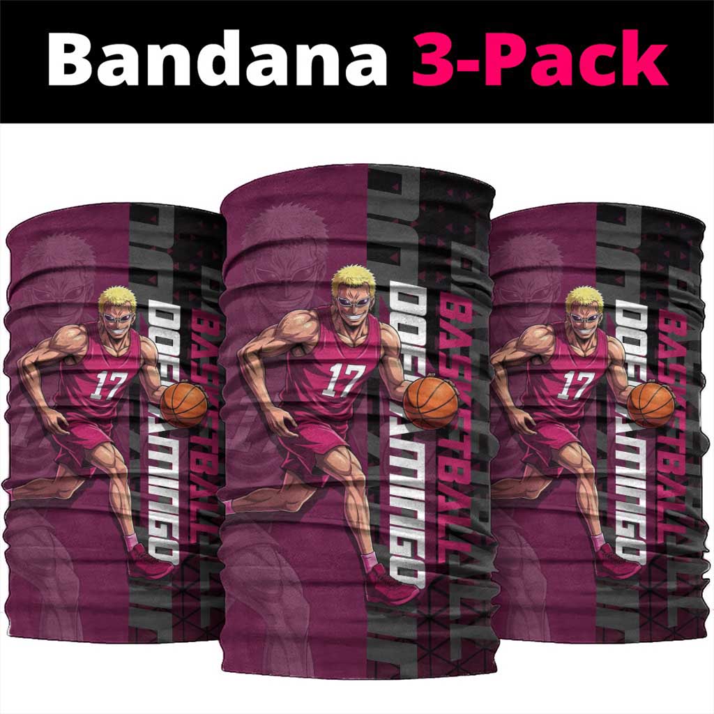 Donquixote Doflamingo One Piece Basketball Theme Maroon and Black Design Neck Gaiter with Smiling Emblem and Aggressive Pose - The Mazicc