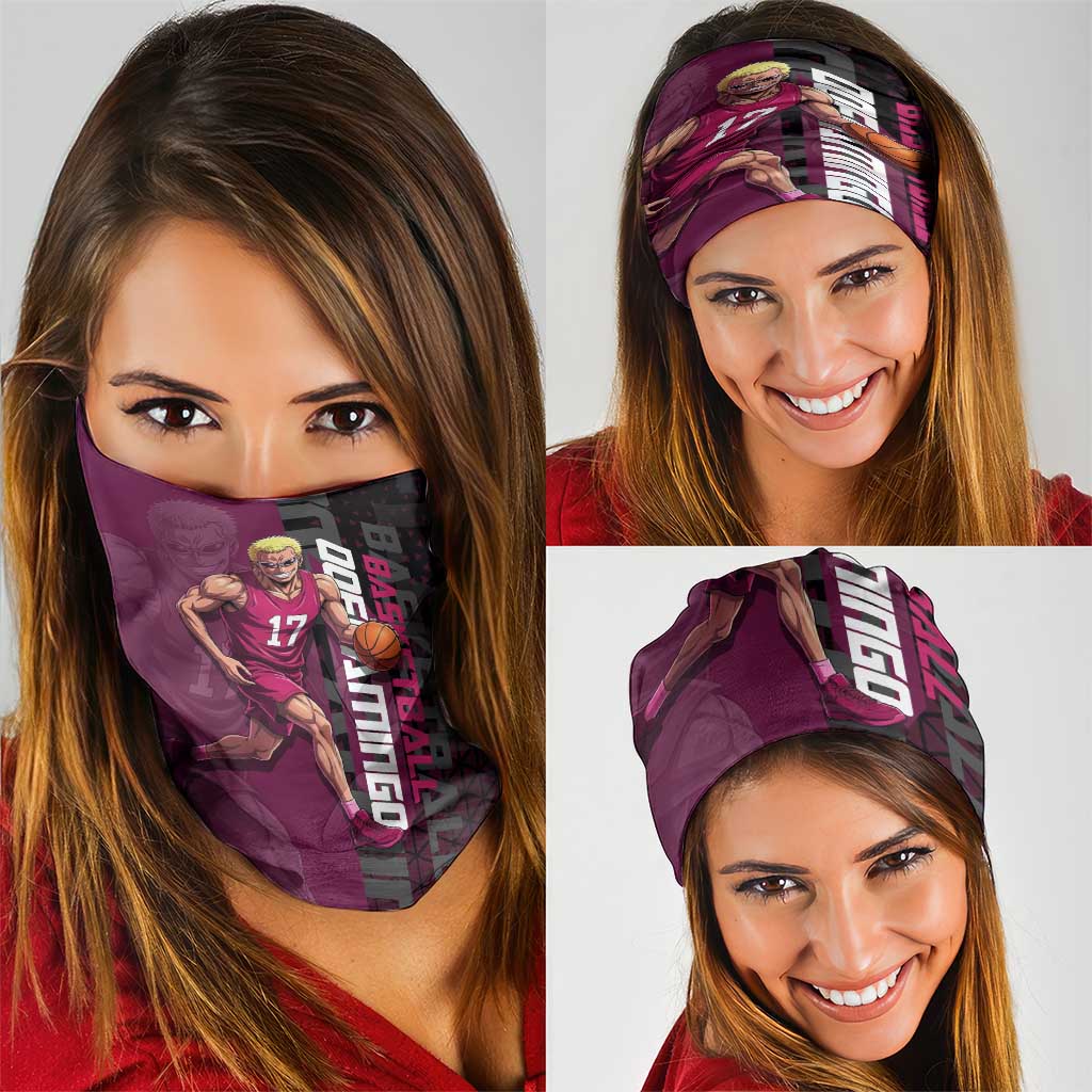 Donquixote Doflamingo One Piece Basketball Theme Maroon and Black Design Neck Gaiter with Smiling Emblem and Aggressive Pose - The Mazicc
