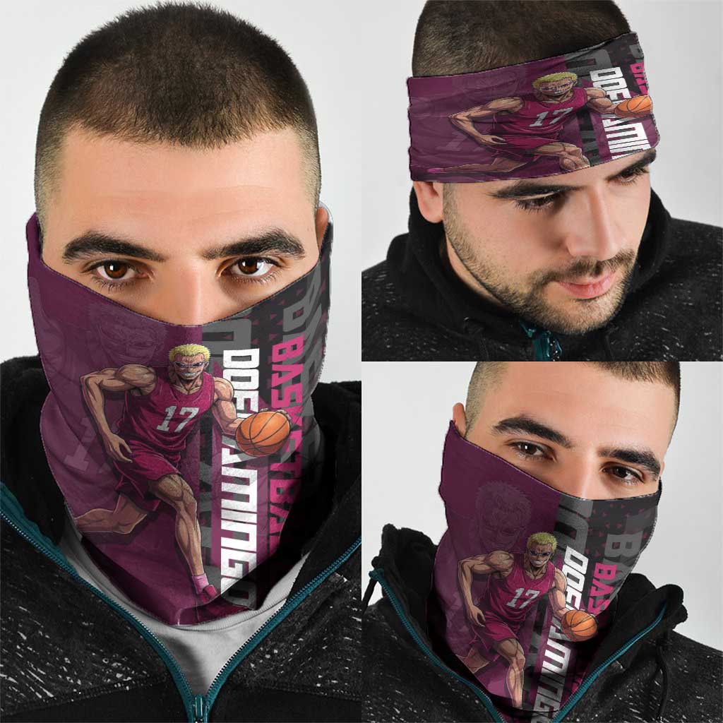 Donquixote Doflamingo One Piece Basketball Theme Maroon and Black Design Neck Gaiter with Smiling Emblem and Aggressive Pose - The Mazicc