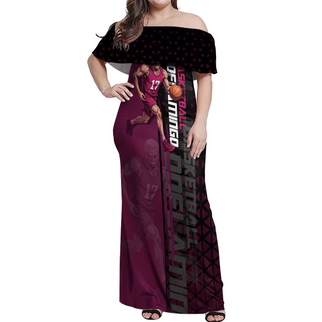 Donquixote Doflamingo One Piece Basketball Theme Maroon and Black Design Off Shoulder Maxi Dress with Smiling Emblem and Aggressive Pose - The Mazicc