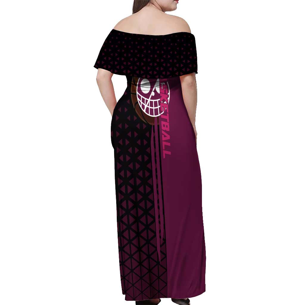 Donquixote Doflamingo One Piece Basketball Theme Maroon and Black Design Off Shoulder Maxi Dress with Smiling Emblem and Aggressive Pose - The Mazicc