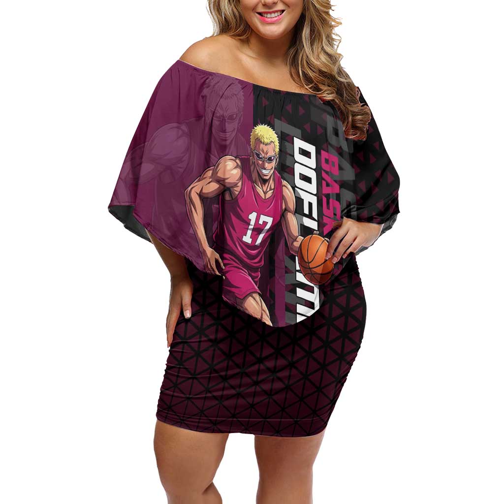 Donquixote Doflamingo One Piece Basketball Theme Maroon and Black Design Off Shoulder Short Dress with Smiling Emblem and Aggressive Pose - The Mazicc