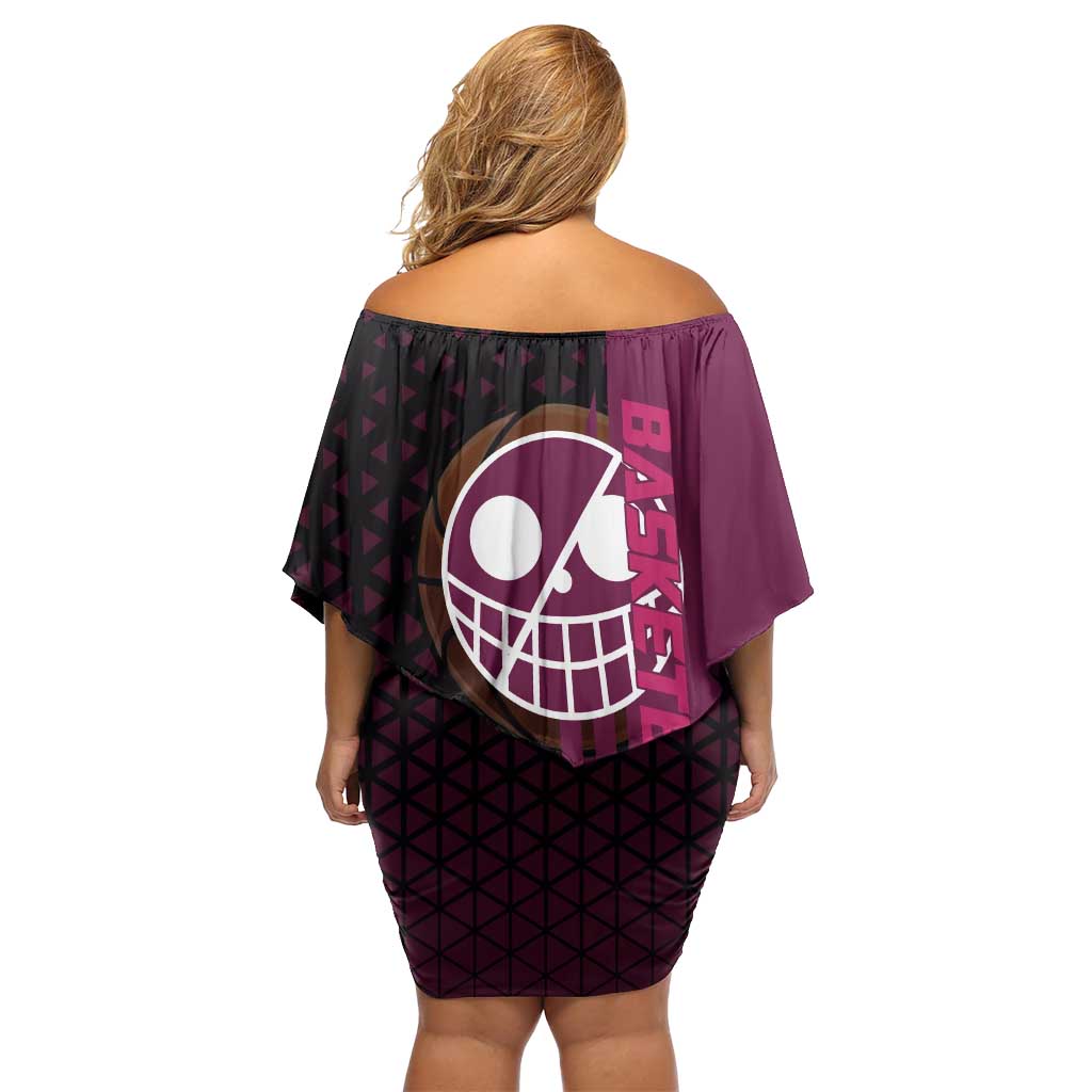 Donquixote Doflamingo One Piece Basketball Theme Maroon and Black Design Off Shoulder Short Dress with Smiling Emblem and Aggressive Pose - The Mazicc